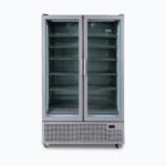 Image of a 1126L silver upright display fridge with two doors, front view.