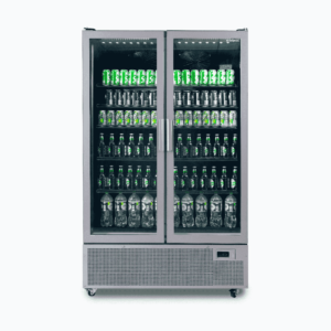 Image of a 1126L silver upright display fridge with two doors, front view with drinks inside.