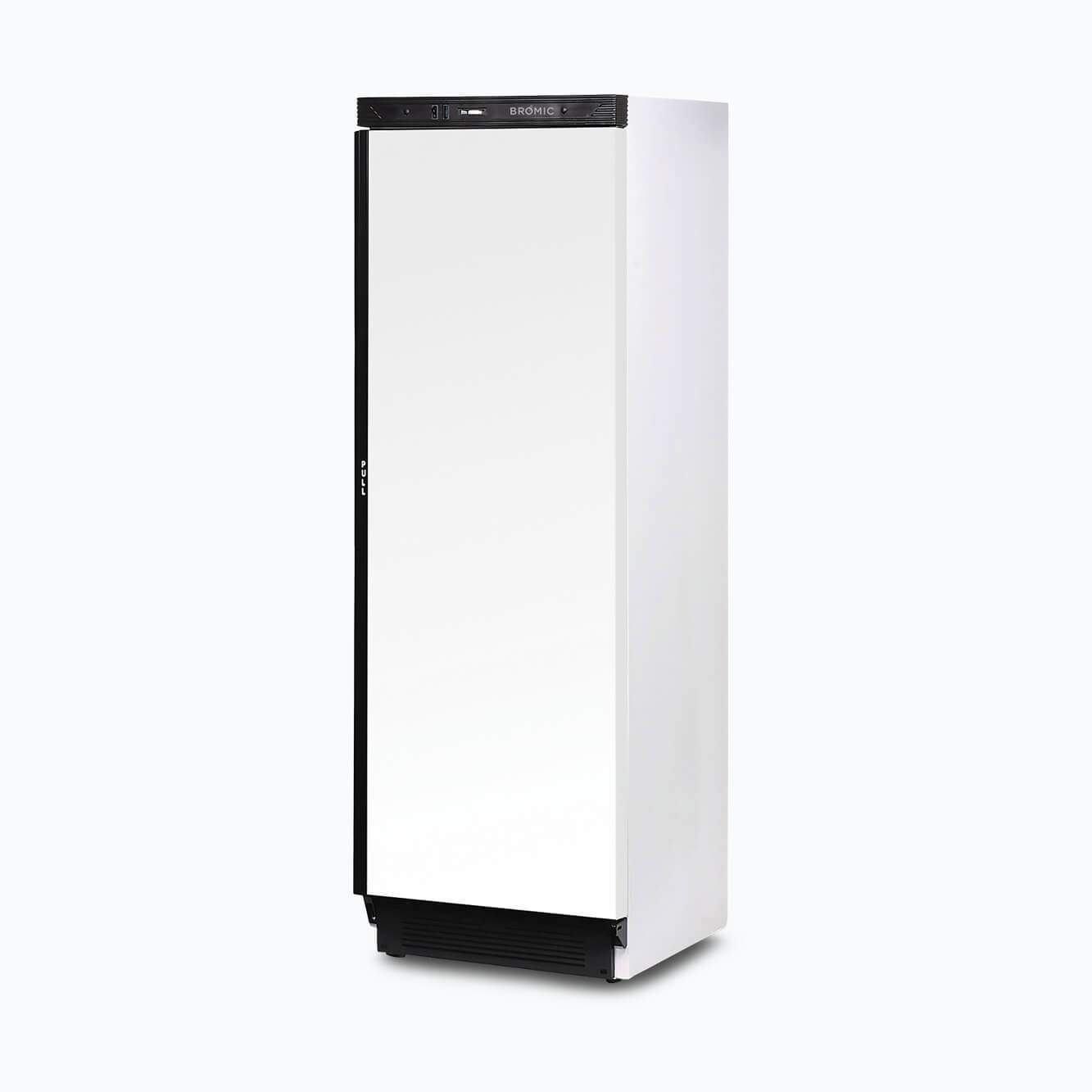 Image of a 372L white upright storage fridge with one door, right angled view.