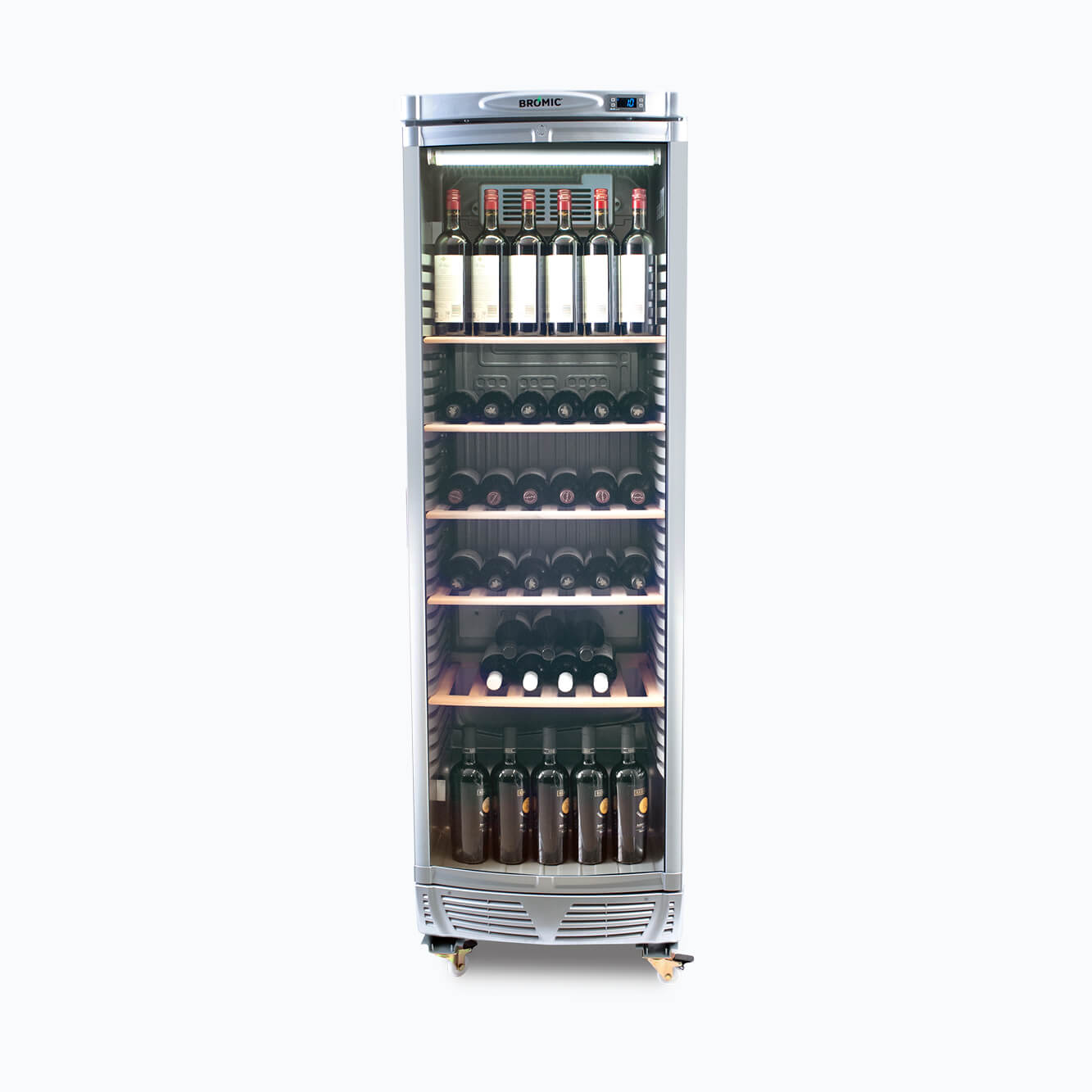 Image of a 372L stainless steel wine fridge with a curved glass door, front view with wine inside.