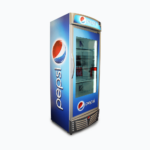 Image of a 657L decalled upright display fridge with lightbox and one door, left angled view.