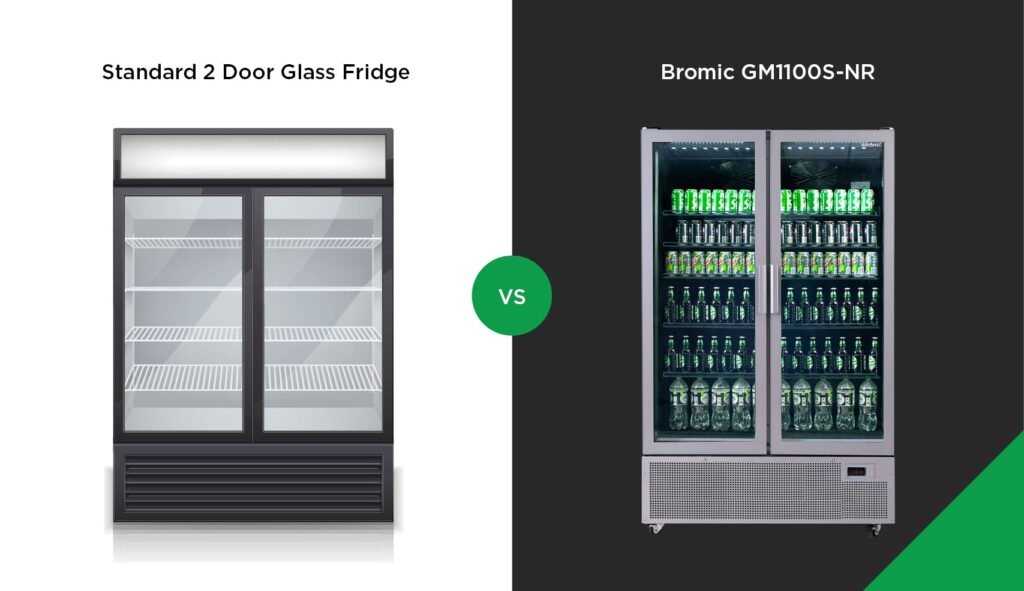 An image comparing two fridges from different brands on a black, white and green background.
