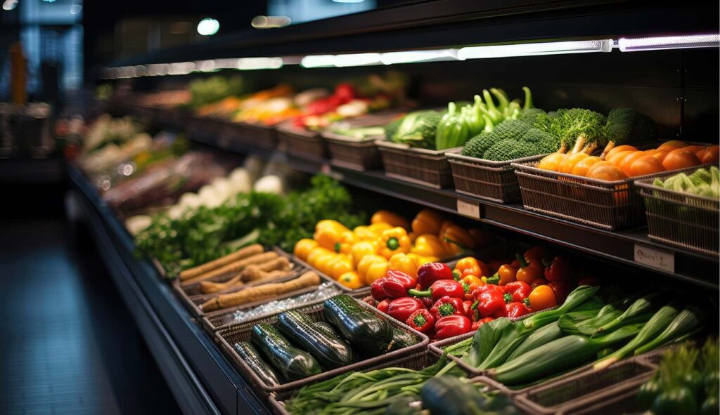 Image of a grocery store fridge with fresh vegetables stocked in seperate compartments.