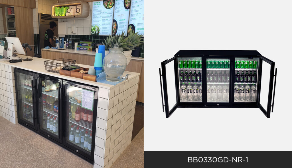 Two images: left is of a bromic back bar fridge at a salad bar. Right is an image of the Bromic BB0330GD-NR fridge with drinks inside.