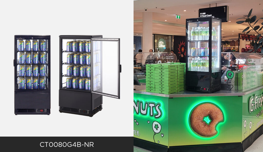 Two images: left has two Bromic countertop display fridges. Right image is a black bromic countertop at a donut kiosk. 