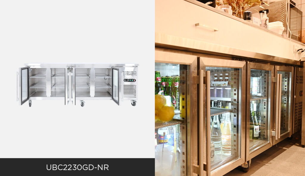 Two images: left is the Bromic UBC2230GD-NR and left is the same unit being used in a commercial kitchen.