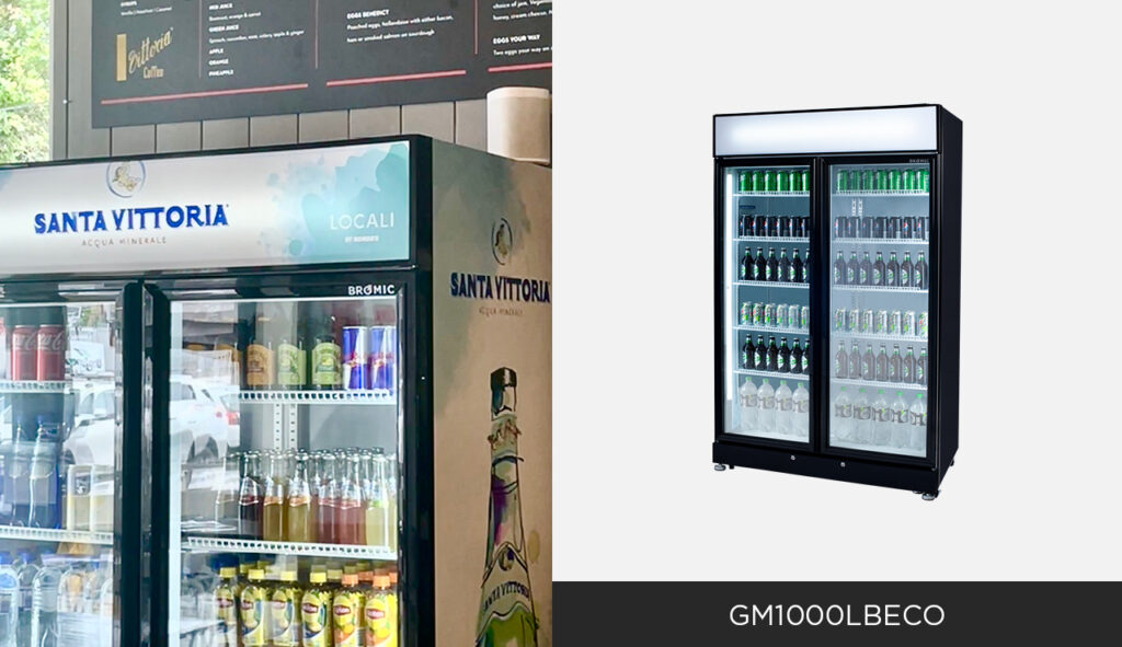 Two images: left is the Bromic upright fridge with drinks inside at a café. Right is the same GM1000LBECO unit, angled to the right. 