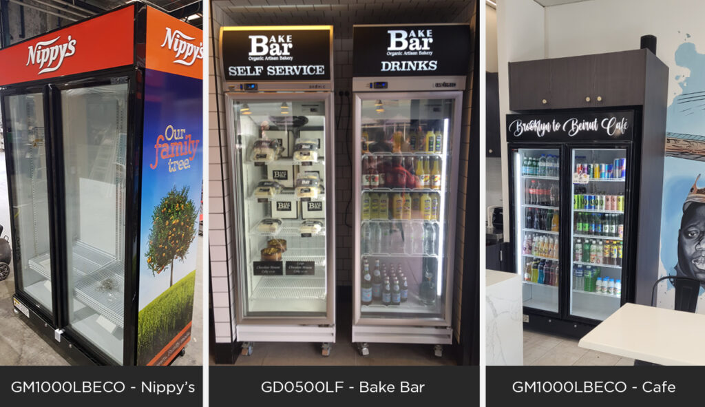 Split image showcasing Bromic upright fridges that have been decaled by various brands including Nippy's Bake Bar and Brooklyn to Beirut Café.