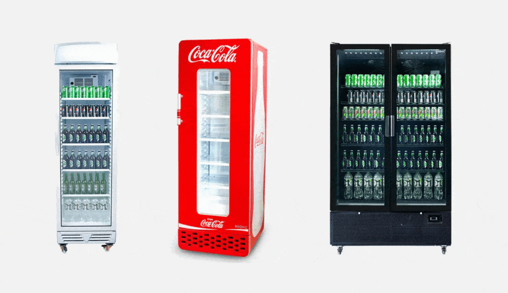 A GIF of various Bromic fridges that can be decaled on a grey background.