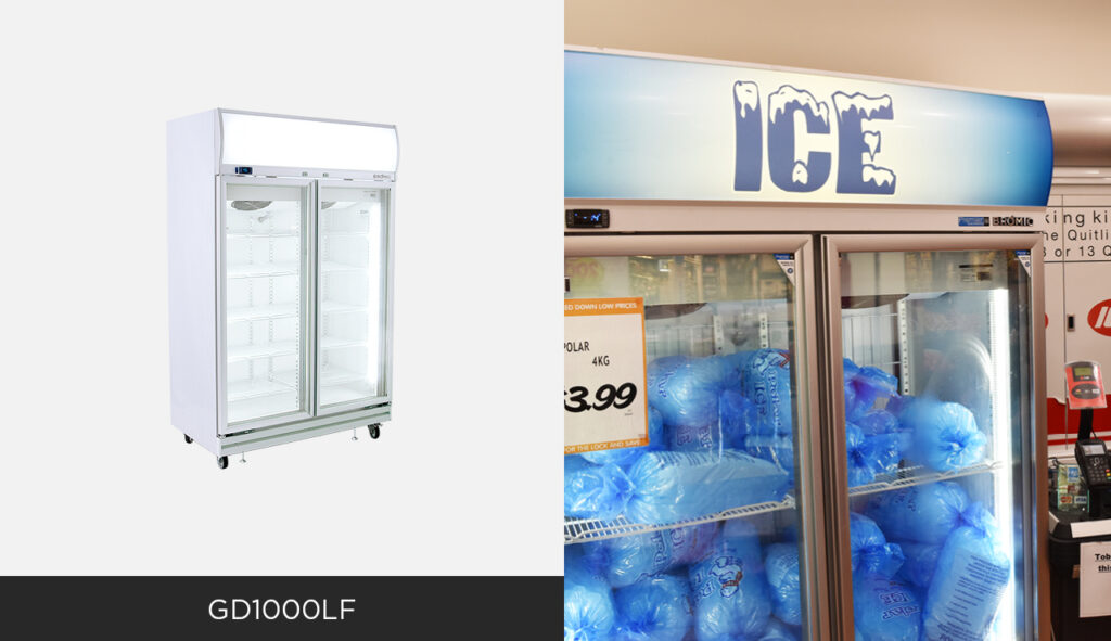 Split image: left is an image of the GD1000LF fridge. Right is the unit decaled in an IGA with ice inside.