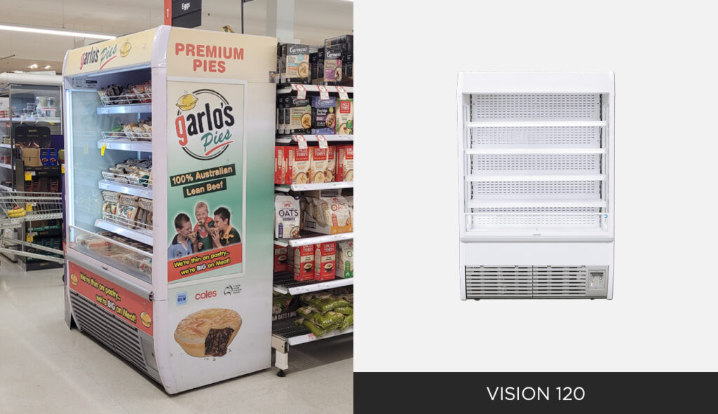 Split image: left is an image of an Bromic open display for garlo's pies. Right is Bromic's VISION 120 unit.