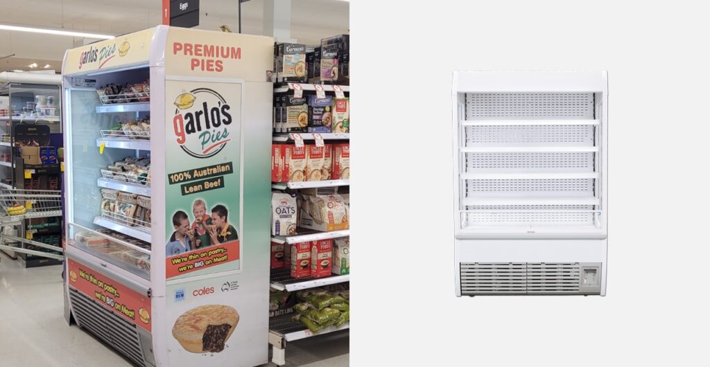 Split image: left is an image of an Bromic open display for garlo's pies. Right is Bromic's VISION 120 unit.