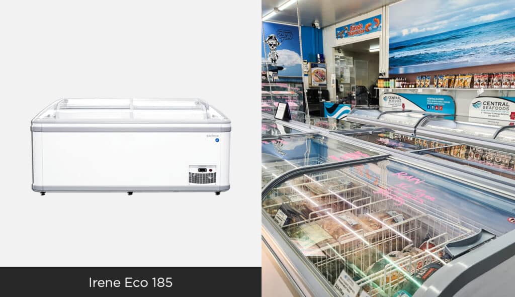 Split image: left is an image of Bromic's Irene Eco 185. Right image is the unit in use in a seafood store.