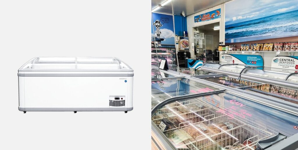 Split image: left is an image of Bromic's Irene Eco 185. Right image is the unit in use in a seafood store.