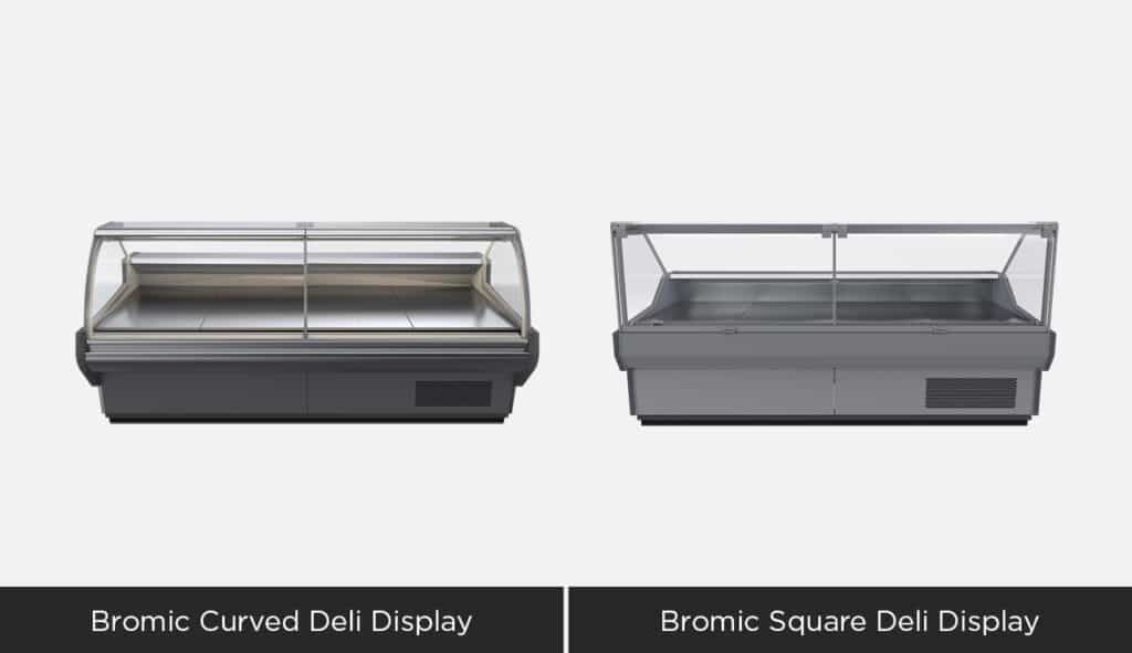 An image of two Bromic deli display fridges, one curved, one square.