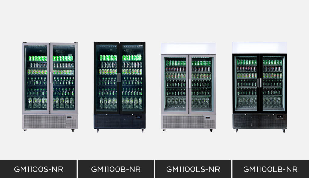 Image of 4 Bromic GM1100 fridges with their skus underneath.