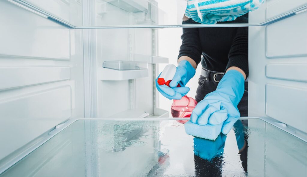 A person wearing gloves and cleaning the inside of an empty refrigerator.