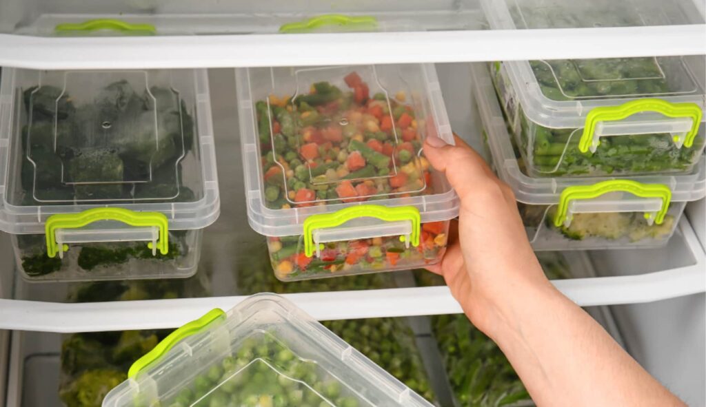 An image of a person taking out a food safe container from a fridge filled with food inside.