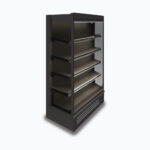 Image of a 939mm wide black full height multideck display fridge, left angled view.