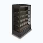Image of a 1250mm wide black full height multideck display fridge, left angled view.