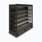 Image of a 1875mm wide black full height multideck display fridge, left angled view.