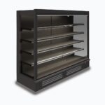 Image of a 2500mm wide black full height multideck display fridge, left angled view.