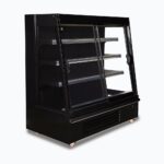 Image of a 1580mm wide black semi vertical display fridge with sliding doors, left angled view.