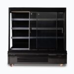 Image of a 1580mm wide black semi vertical display fridge with sliding doors, opened.