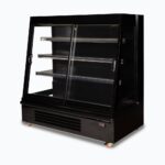 Image of a 1580mm wide black semi vertical display fridge with sliding doors, right angled view.
