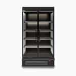 Image of a 939mm wide black full height multideck display fridge with doors, front view.