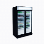 Image of a 885L black upright display fridge with lightbox and two doors, left angled view with drinks inside.