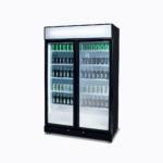 Image of a 885L black upright display fridge with lightbox and two doors, right angled view with drinks inside.
