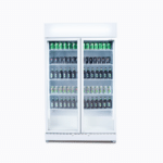 Image of a 885L white upright display fridge with lightbox and two doors, front view with drinks inside.