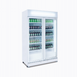 Image of a 885L white upright display fridge with lightbox and two doors, left angled view with drinks inside.