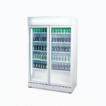 Image of a 885L white upright display fridge with lightbox and two doors, right angled view with drinks inside.